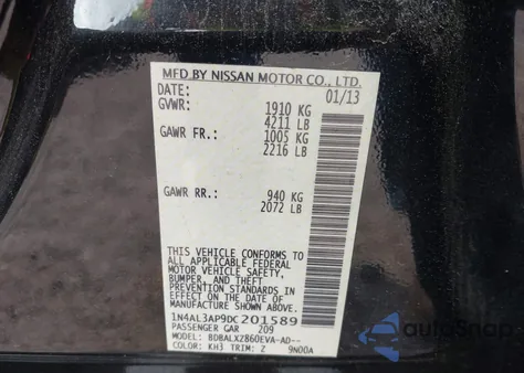 2013 Nissan Altima 2.5 Sl from USA, damaged, VIN 1N4AL3AP9DC201589